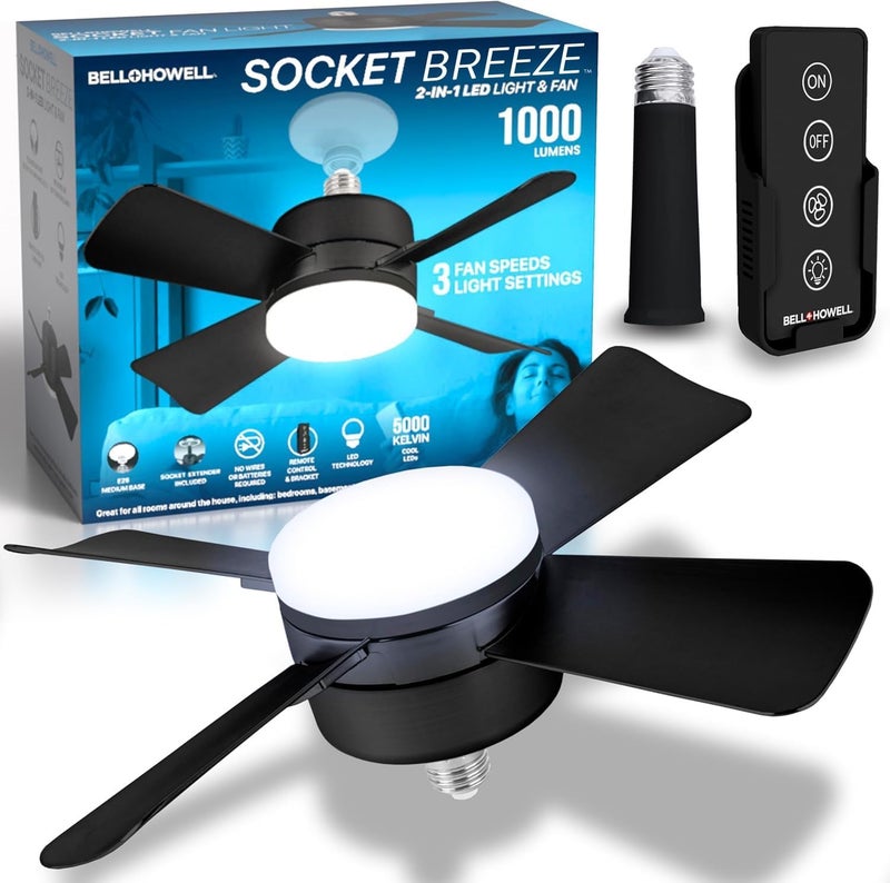 BELLHOWELL مروحة سقف صغيرة Socket Breeze Deluxe مع ضوء LED وجهاز تحكم عن بعد، سرعات وسطوع قابلة للتعديل، مروحة لمقبس الضوء لغرفة النوم، المطبخ، غرفة المعيشة، 1000 لومن - Image 1